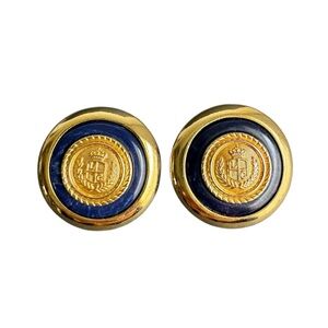 Vintage Liz Claiborne Crest Earrings Button Stud Navy Blue Gold Old Money 90s